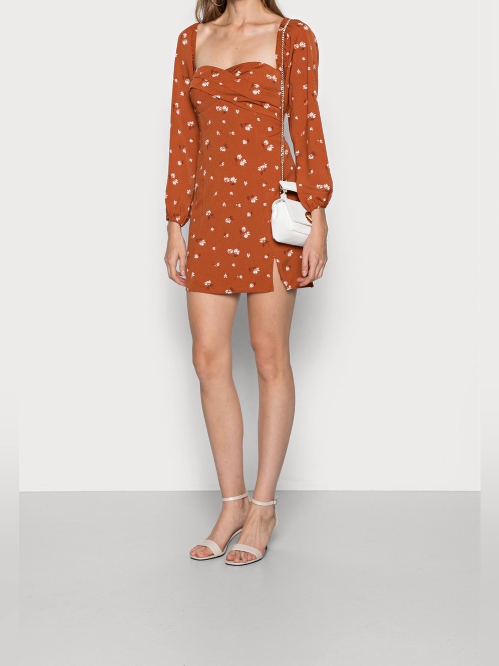 Abercrombie & Fitch Rust Floral Long-Sleeve bodycon Mini Dress Medium Tall
